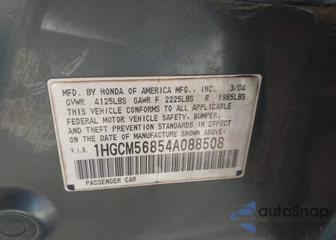 2004 Honda Accord 2.4 Ex из США, поврежденный, VIN 1HGCM56854A088508